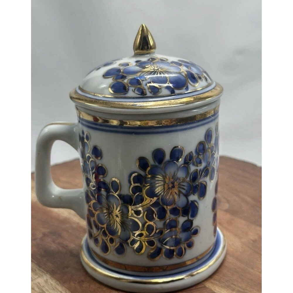 Asian Tea Mug with Lid And Saucer Hand Painted Flowers Porcelain Gold Trim